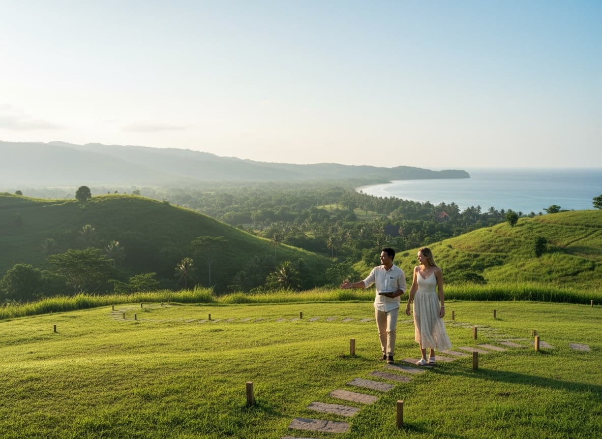 Aerial view of a real estate agent showing land to a customer in Lombok