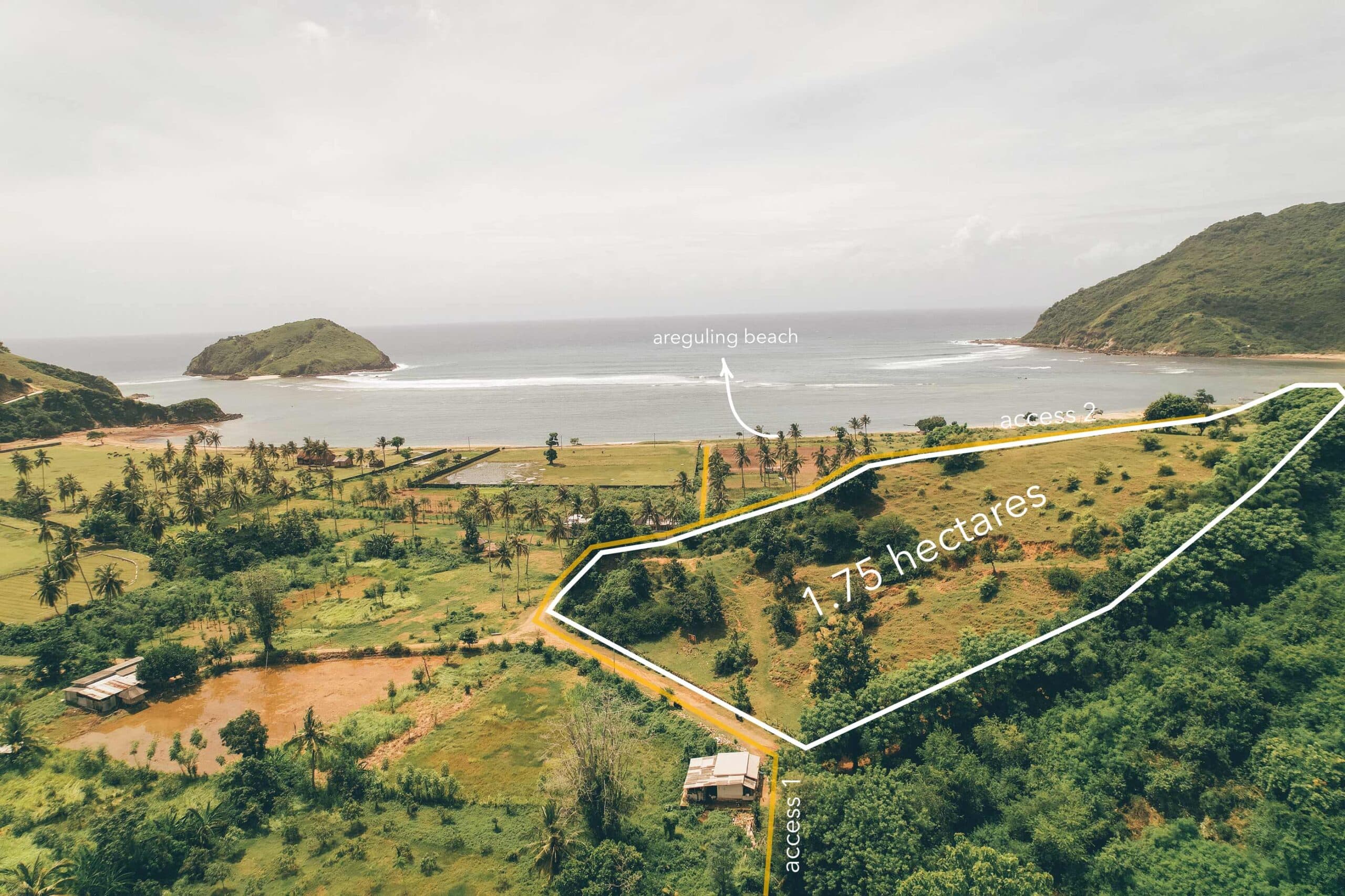 Aerial view of a 1.75 hectare plot for sale in Areguling Lombok